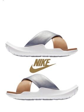Womans Nike Benassi Future Cross Slide Sandals Metallic Silver Tan Size 6